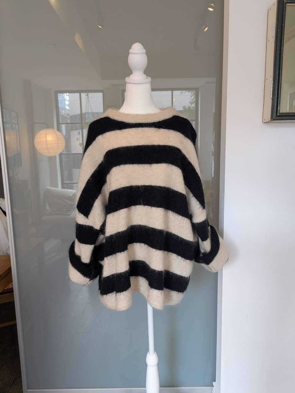 H&M Mohair Wool Blend Oversized Striped Sweater Black Beige S